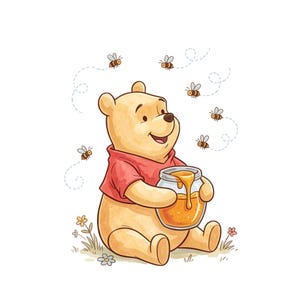 May include: A light yellow bear with a red shirt sitting on the ground, holding a clear glass jar filled with golden honey. Several small bees with dashed flight paths surround the bear, and small colorful flowers grow near the bear's feet.