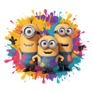 May include: Three yellow Minion characters wearing blue denim overalls with paint splatters, standing against a vibrant, multi-coloured paint splash background. The characters have silver goggles, black gloves, and black boots.