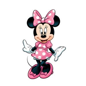 May include: A cartoon character with black ears, wearing a pink dress with white polka dots, a matching pink bow with white polka dots on the head, white gloves, and pink shoes. The character has a light skin tone, a black nose, and a smile.