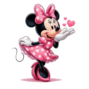 Pode incluir: Um personagem de rato de desenho animado com orelhas pretas, vestindo um vestido rosa com bolinhas brancas e um laço a condizer. O personagem tem luvas brancas, sapatos rosa e sopra um beijo com três pequenos corações rosa a flutuar.