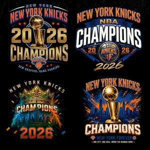 Può includere: Quattro design grafici a tema New York Knicks campioni 2026. Gli elementi includono trofei di campionato dorati, palloni da basket, lo skyline di New York, corone e scritte come New York Knicks, NBA Champions e 2026 su sfondi di colore nero.