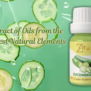 Puede incluir: Una botella de vidrio de aceite de pepino con una tapa blanca y una etiqueta verde. La etiqueta tiene el texto "FITOIL" y "CUCUMBER OIL" en una fuente marr&oacute;n. La botella est&aacute; rodeada de rodajas de pepino flotando en agua.