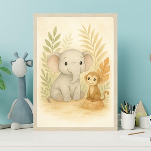 Arte de pared para guardería de safari: juego de 5 carteles imprimibles de animales de la jungla/decoración para habitación de bebé en tamaños A3, A4 y A5.