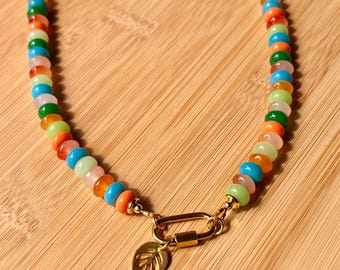 ABIGAIL: Autumn Beaded Necklace | House of Colour Palette | 18k Gold Plated | Handmade | Carabiner Clasp with Leaf Charm