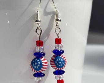 Handmade Patriotic Dangle Earrings: American Flag Clay Bead, Glass Beads