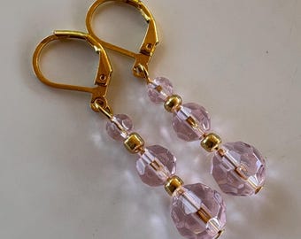 Handmade Blush Pink Crystal Glass Earrings | Vintage Style | 24k Gold Plated Lever-back |  Elegant Jewelry