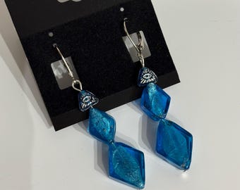 Handmade Aqua Blue Dangle Earrings with Foil-Filled Diamond Glass Beads and Delicate Seeing Eye Bead