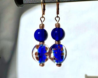 Handmade Cobalt Blue and Gold Glass Beaded Dangle Earrings | 18k Gold Plated Leverback