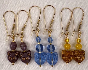 Cat Face Dangle Earrings: Handmade Glass Bead, 18k Gold Plated Findings