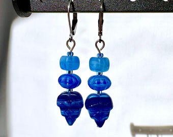 Handmade Blue Leaf Glass Beaded Dangle Earrings | Sterling Silver