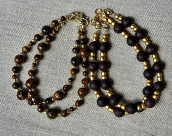 AMBER: Autumn House of Colour Stone Beaded Bracelets | Gold Tone Findings | Handmade | Semi Precious Stones | Tiger's Eye, Lava Rock