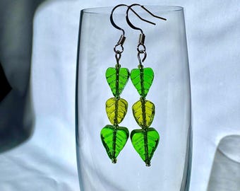Handmade Green Leaf Glass Beaded Dangle Earrings | Sterling Silver