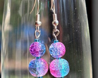 Pink and Blue Crackle Glass Beaded Earrings - Handmade Dangle Jewelry