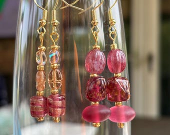 Murano Pink & Gold Venetian Glass Beaded Dangle Earrings | Handmade Elegant Artisan Jewelry