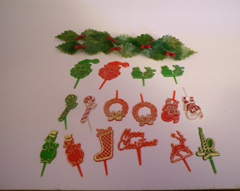 Vintage Christmas cupcake toppers, 18 picks, cake topper, santa, reindeer candy canes toys wreath stocking red green holly