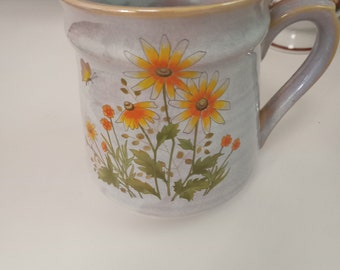 Vintage mug, yellow orange flowers, made in Japan, EUC