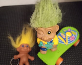 Vintage Troll dolls,  skateboard and keychain, 2 trolls, green and yellow hair