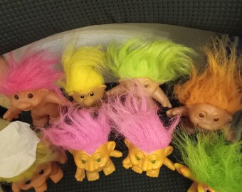 Vintage Troll dolls pink, orange, green and yellow hair