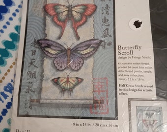 Butterfly scroll cross stitch kit, dimensions, wall hanging, 8 x 14