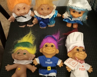 Vintage Troll dolls and clothing, pizza maker, maid, clown, doctor, athlete