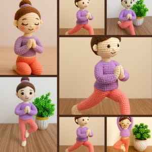 Pode incluir: Uma coleção de bonecos de crochê representando uma figura com cabelo castanho num coque, vestindo uma camisola roxa de manga comprida e calças cor de coral. Os bonecos são apresentados em várias posições de ioga, ajoelhados e de pé.