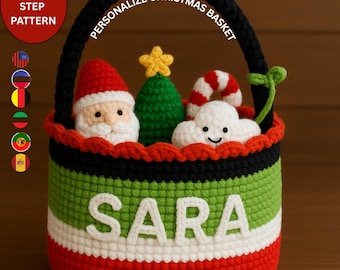 Personalized Christmas Crochet Basket Pattern DIY Gift Amigurumi Santa basket Multilingual Tutorial PDF