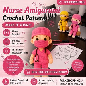 Virkmönster för amigurumi-docka för sjuksköterska, gör-det-själv-nyckelring för medicinsk docka i PDF-format och videoinstruktion