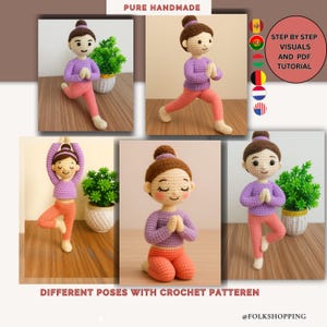 May include: A collage of handmade crochet yoga dolls in various poses. Each doll wears a purple top and coral-colored pants. The text "PURE HANDMADE" and "DIFFERENT POSES WITH CROCHET PATTEREN" are visible. The image also includes the text "STEP BY STEP VISUALS AND PDF TUTORIAL".