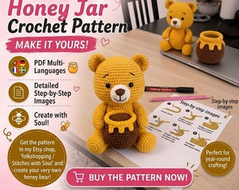 ハチミツの瓶を持ったクマの編み図：あみぐるみぬいぐるみDIYチュートリアル（PDFダウンロード、多言語説明）。