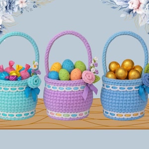 May include: Three colorful crochet Easter baskets. The baskets are light blue, lavender, and blue, each with a handle and decorated with flowers and ribbons. The baskets are filled with candy, decorated eggs, and gold-wrapped chocolates.
