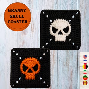 Crochet Skull Granny Square Coaster Pattern PDF, Home Decor Digital Download