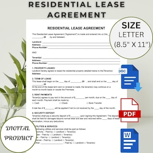 May include: A printable residential lease agreement form on a white document with black text. The form includes sections for landlord and tenant information, property details, lease terms, rent payments, security deposit, and utilities and services. The document is labelled "SIZE LETTER (8.5" X 11")" in the top right corner.