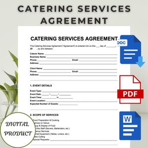 Catering Agreement Contract Template | Editable Google Docs & MS Word | Printable Service Contract for Events, Chefs Caterers PDF Instant