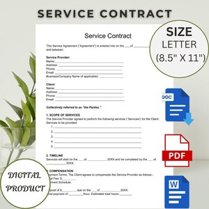 Printable Service Contract Template | Services Contract Agreement | Service Contract form | Editable Google Docs, Word, PDF Instant Download
