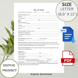 Editable Printable Bill Of Sale Contract, Simple Agreement Template, Service Agreement, Editable Service Agreement Document, Google Doc, PDF
