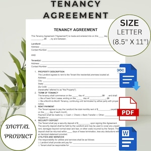 May include: A printable tenancy agreement form in a PDF format. The form includes sections for landlord and tenant information, property description, term of tenancy, rent payment, security deposit, and utilities and services. The form is designed for use in the United States.