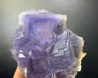 Puede incluir: Un racimo de cristales de fluorita púrpura translúcida que presenta formaciones cúbicas distintas y patrones geométricos escalonados. El espécimen mineral muestra varios tonos de violeta intenso y lavanda claro con algunos acentos amarillos.