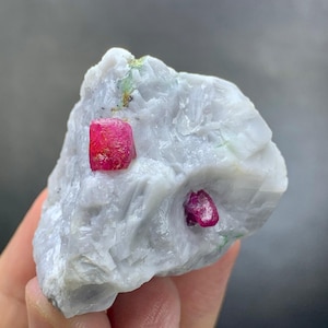May include: A raw, natural mineral specimen featuring a matrix of white stone with two vibrant, red ruby crystals. The rubies have a rich, saturated color, contrasting with the lighter background. The overall texture is rough and unpolished.