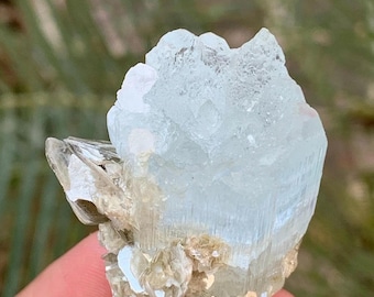 May include: A light blue aquamarine crystal cluster with a crystalline structure. The crystal is held in a hand and has a rough, textured surface. The base of the crystal is a light brown color.