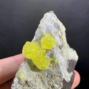 Könnte beinhalten: Natürliches Mineralexemplar mit leuchtend gelben Schwefelkristallen auf einer grauen und braunen Gesteinsmatrix. Die Schwefelkristalle haben eine strukturierte Oberfläche, die sich von der glatteren Textur des Gesteinsuntergrunds abhebt.
