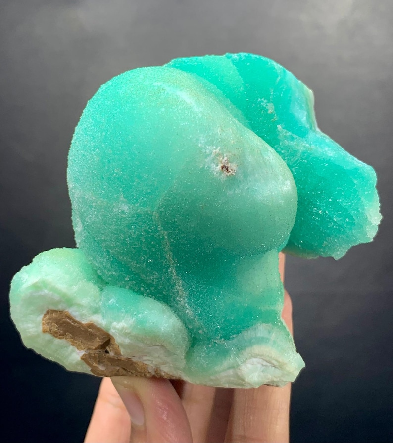 Puede incluir: Un vibrante esp&eacute;cimen mineral de color turquesa con una forma redondeada &uacute;nica. La superficie tiene una apariencia texturizada y cristalina. La base del mineral es de un color marr&oacute;n contrastante. La forma general es org&aacute;nica y llamativa.