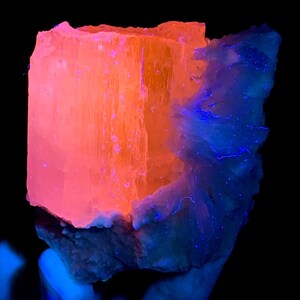 K&ouml;nnte beinhalten: Ein rohes Mineralexemplar mit starker Fluoreszenz unter ultraviolettem Licht. Die zentrale Kristallstruktur leuchtet in einem lebhaften Orangeton, w&auml;hrend die angrenzende Mineralformation ein tiefes, kontrastierendes blaues Licht abgibt.