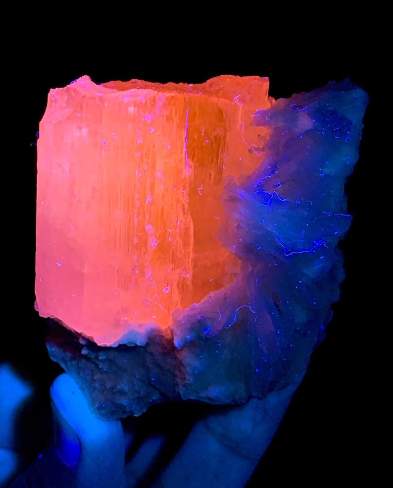 K&ouml;nnte beinhalten: Ein rohes Mineralexemplar mit starker Fluoreszenz unter ultraviolettem Licht. Die zentrale Kristallstruktur leuchtet in einem lebhaften Orangeton, w&auml;hrend die angrenzende Mineralformation ein tiefes, kontrastierendes blaues Licht abgibt.