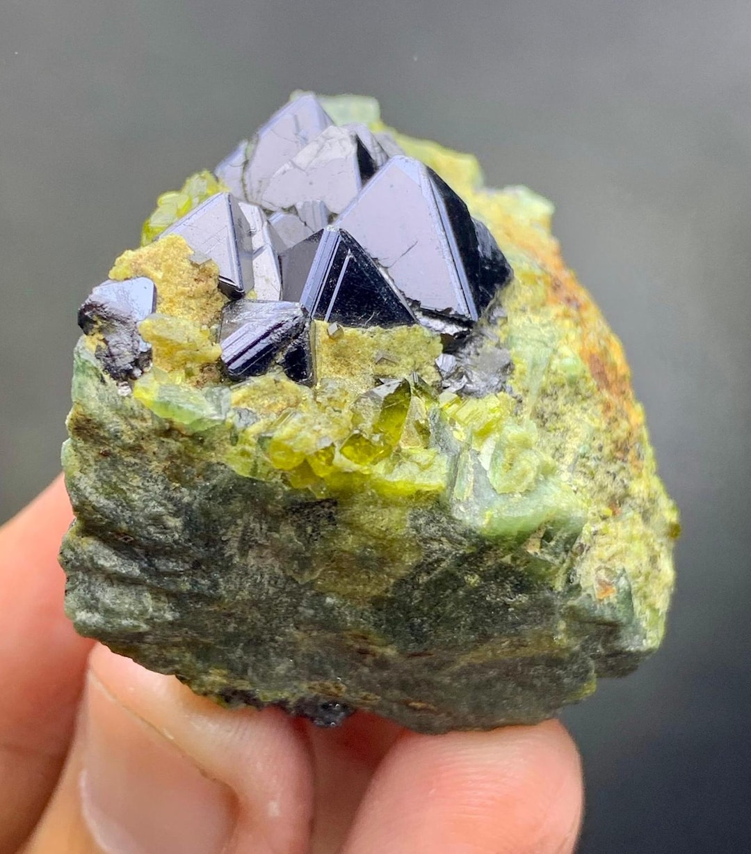Natural Green Color Epidote With Black Megnetite Combined Specimen From ...