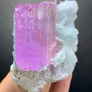 K&ouml;nnte beinhalten: Ein rohes Mineralexemplar mit einer gro&szlig;en, durchscheinenden, vertikal gestreiften rosa Kristalls&auml;ule, die an einer Ansammlung wei&szlig;er und blass minzgr&uuml;ner Kristallformationen auf einer rauen, hellen Gesteinsbasis befestigt ist.