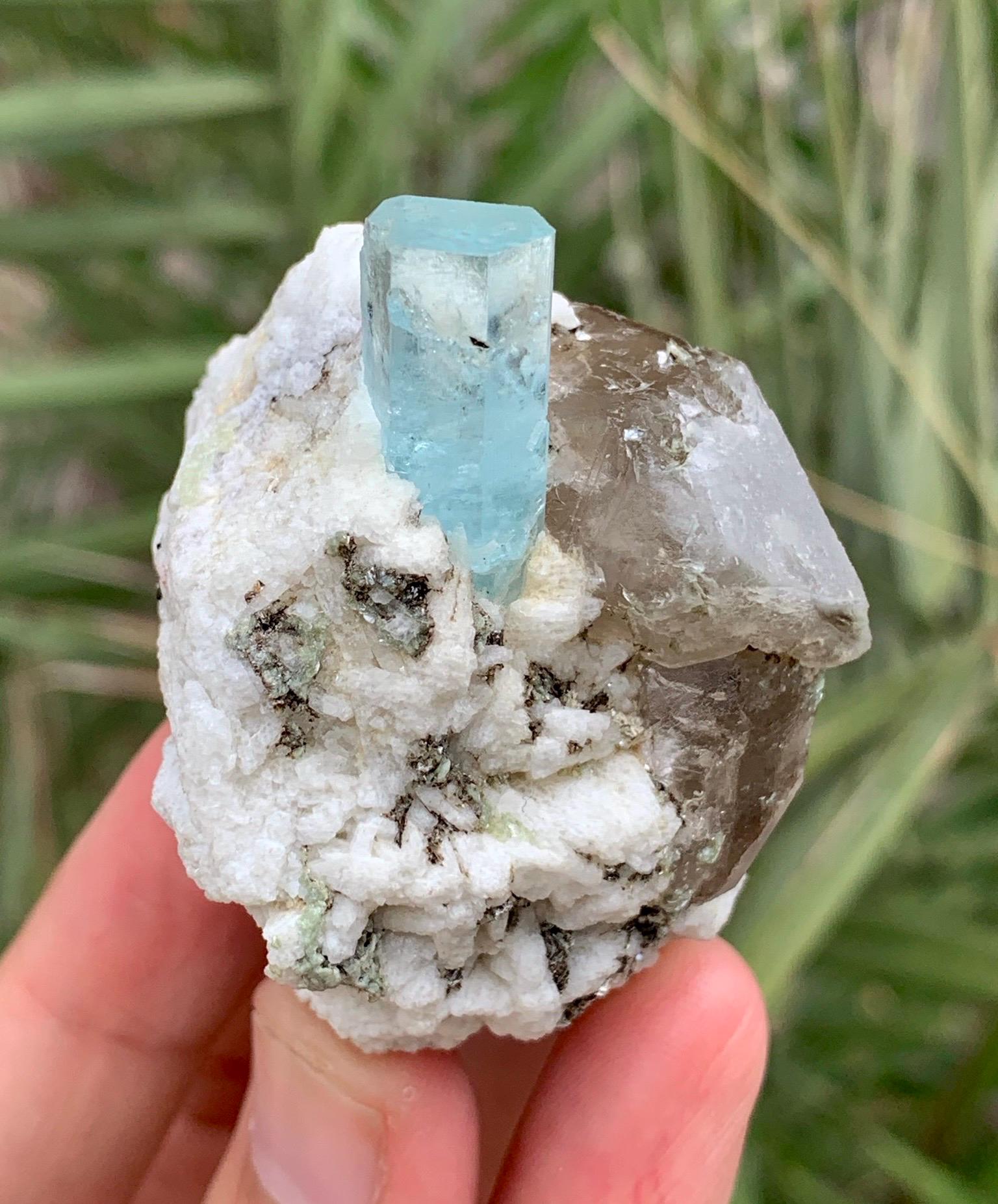 スカルドゥ鉱山産の天然スカイブルーアクアマリンとクォーツの複合標本