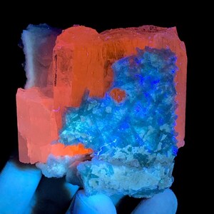 K&ouml;nnte beinhalten: Ein rohes Mineralexemplar mit starker Fluoreszenz unter ultraviolettem Licht. Die Kristallstruktur zeigt leuchtend orangefarbene Bereiche im Kontrast zu hellen, elektrisch blauen Kristallclustern auf einer texturierten, hellen Basis.
