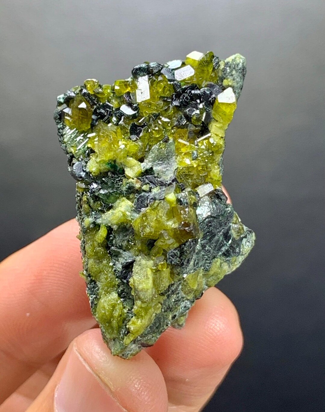 Natural Green Color Epidote With Black Megnetite Combined Specimen From ...
