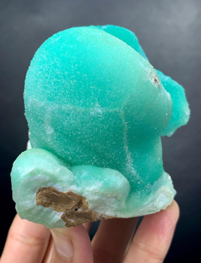 Puede incluir: Un vibrante esp&eacute;cimen mineral turquesa con una superficie texturizada y cristalina. El mineral tiene una forma redondeada y org&aacute;nica con una base m&aacute;s clara, blanquecina y un interior marr&oacute;n. La apariencia general es suave y llamativa.
