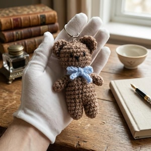 May include: A small, crocheted brown teddy bear keychain with a light blue bow. The bear is held in a white gloved hand. The background includes antique books, an inkwell, and a small teacup.